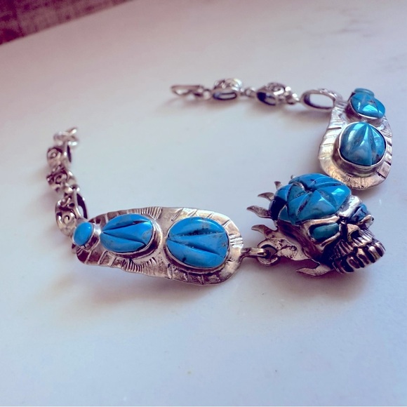 NWOT Unisex Handmade Sterling Silver and Genuine Turquoise Skull Bracelet - Picture 3 of 8